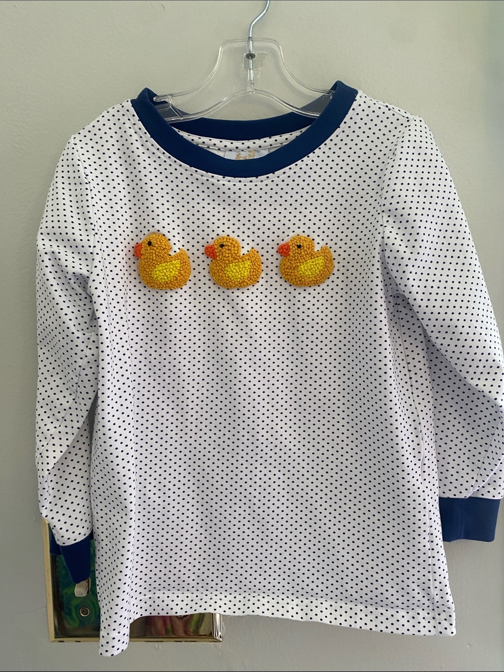 Girls White Polka Dot Long-Sleeve Tee with Yellow Duck Appliqués